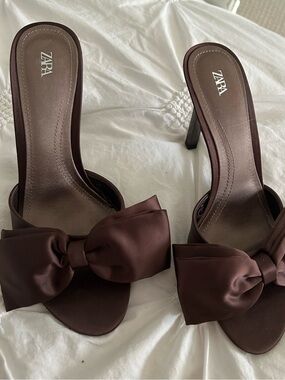 ZARA Dark Brown Bow High Heel Mules